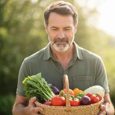 Personne tenant un panier de produits frais et locaux, symbolisant des choix alimentaires durables