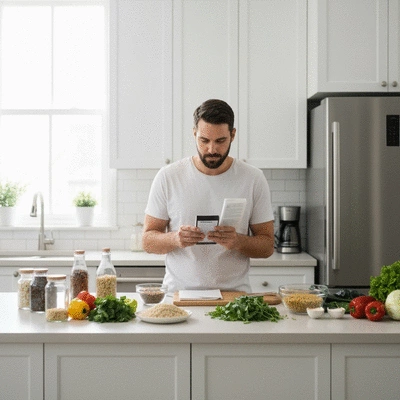 Personne lisant des étiquettes alimentaires et planifiant des repas dans une cuisine moderne