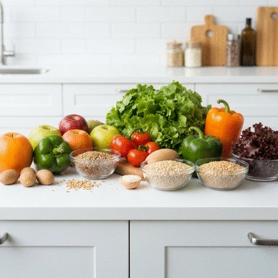 Assortment of fresh, healthy foods like fruits, vegetables, and grains on a kitchen counter, representing disease management through nutrition, no text, no words, no typography, clean image