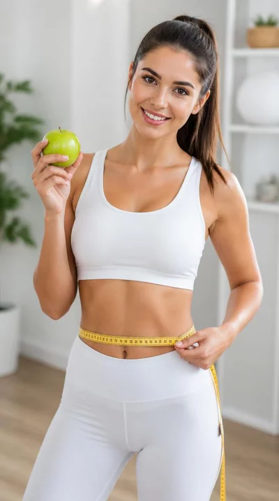 Woman holding an apple and measuring tape around her waist, symbolizing healthy weight loss and nutrition coaching, clean image, no text