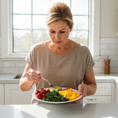 Person analyzing a healthy food plate with fresh vegetables and fruits, demonstrating mindful eating