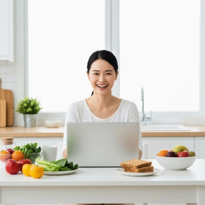 Woman having a video call with a dietitian on a laptop, showing healthy food on the table, no text, no words, no typography, 8K