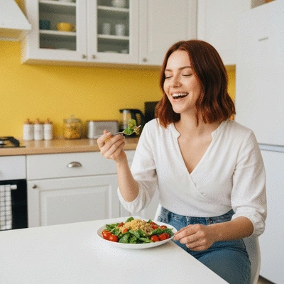 Woman enjoying a fresh, healthy salad at a table, representing new eating habits. No text, no words, no typography, no labels, clean image.