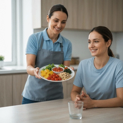 Nutrition coach presenting a healthy food plate to a client in a modern, clean kitchen setting