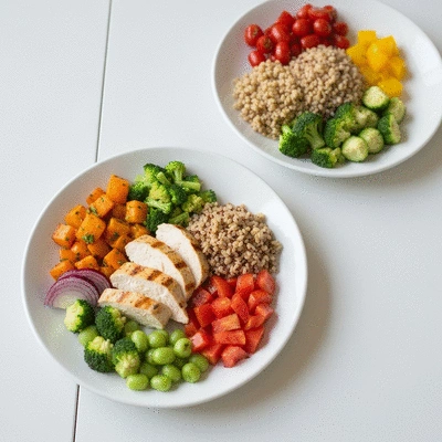 Assiette équilibrée avec des légumes frais, des protéines et des céréales complètes