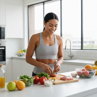 Female athlete preparing a healthy meal in a modern kitchen, focusing on fresh ingredients