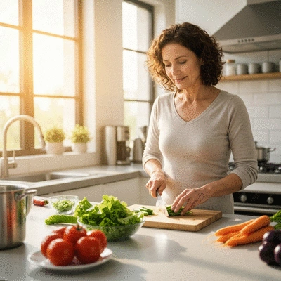 Personne préparant un repas sain avec des légumes frais dans une cuisine moderne et lumineuse