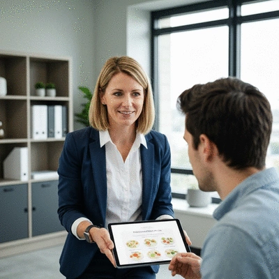 Professional nutritionist consulting with a client, showing personalized meal plan on a tablet in a modern office setting, no text, no words, no typography, clean image