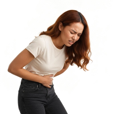 Woman experiencing abdominal pain after eating, conceptual image for food intolerance symptoms, bright, clean background