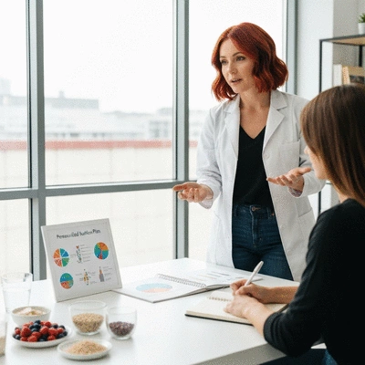 Female nutritionist explaining a personalized nutrition plan to a client in a modern office