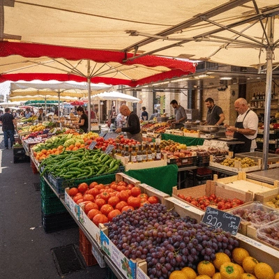 Marché local animé à Montpellier avec des étals colorés de fruits et légumes frais