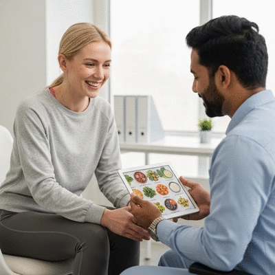 Happy woman consulting with a nutritionist about her diet plan