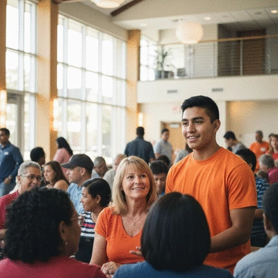 Groupe de personnes participant à une séance de soutien pour diabétiques, avec un diététicien en arrière-plan