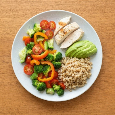 Assiette équilibrée avec légumes, protéines, féculents et bonnes graisses