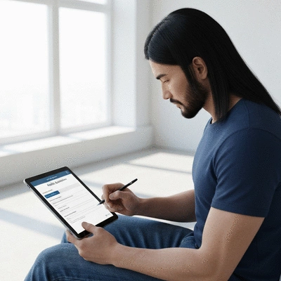 Personne remplissant un questionnaire de santé sur une tablette, fond clair et moderne