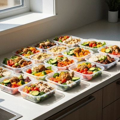 Healthy meal prep containers with various balanced meals