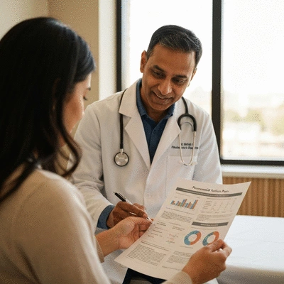 Person reviewing a personalized nutrition plan with a dietitian, clean and modern setting, no text, no words, no typography, 8K