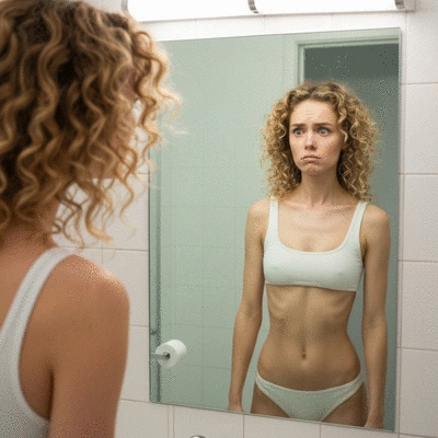 Woman looking at her reflection in a mirror with a distorted perception of her body, symbolizing body image issues, no text, no words, no typography, clean image
