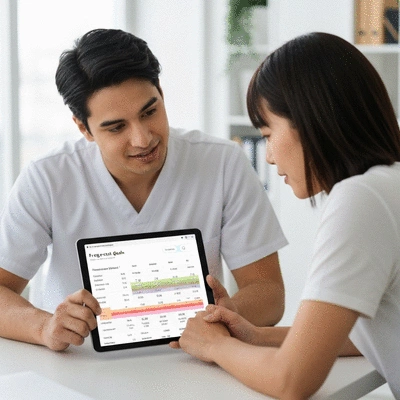 Dietitian consulting with a client, showing progress charts for nutrition goals