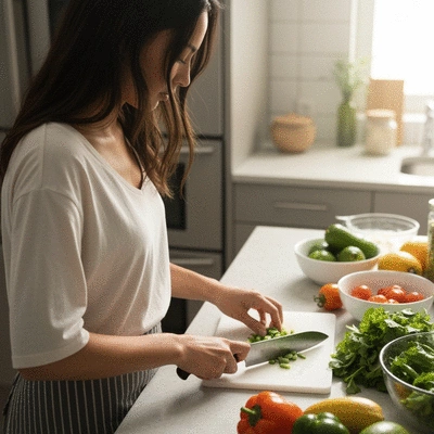 Personne préparant un repas sain avec des ingrédients frais dans une cuisine moderne