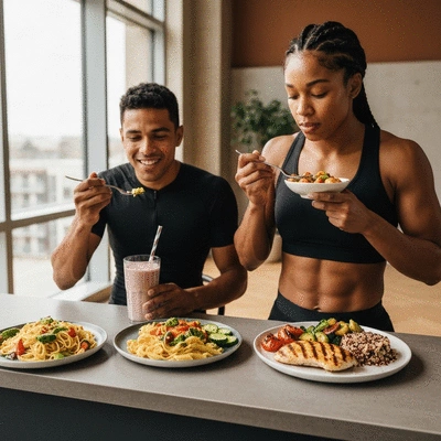 Two athletes, a male cyclist and a female rugby player, enjoying healthy, diverse meals suitable for their sports