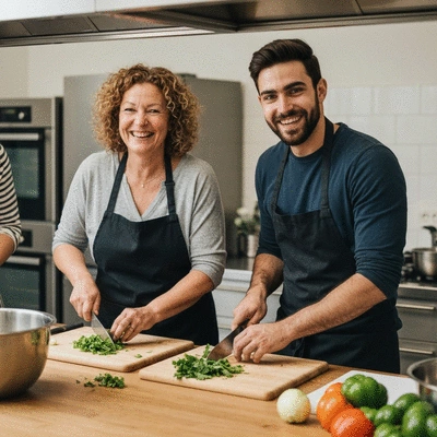 Personnes souriantes participant à un atelier de cuisine à Montpellier, coupant des légumes frais, avec une ambiance joyeuse et collaborative, aucune typographie, aucune étiquette, aucune écriture