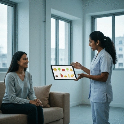 Diététicienne expliquant un plan alimentaire à un patient dans un cadre professionnel et chaleureux