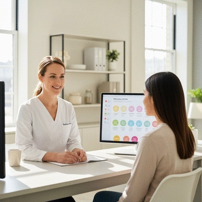 Professional consultation between a nutritionist and a patient in a modern office, showing a balanced meal plan