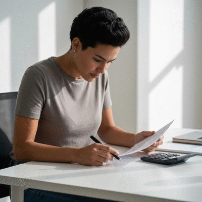 Person reviewing financial documents related to health insurance and nutrition expenses. No text, no words, no typography, no labels, clean image