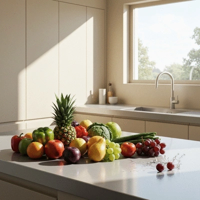 Assortiment de fruits et légumes frais sur une table en bois, symbolisant une alimentation saine et naturelle