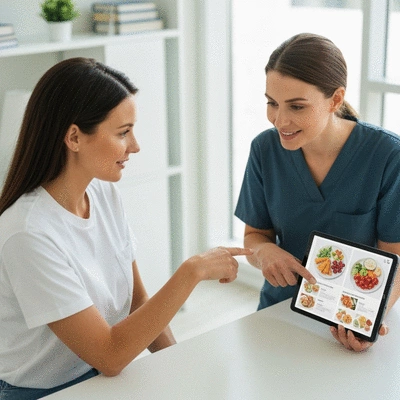 Woman having a personalized nutrition consultation with a dietitian, looking at a healthy meal plan on a tablet