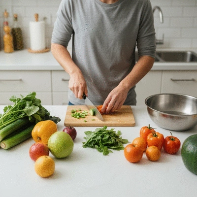 Personne préparant un repas sain avec une variété de légumes et de fruits sur une table de cuisine lumineuse