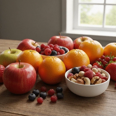 Assortiment de fruits frais et de noix sur une table en bois
