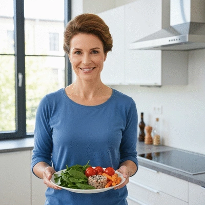 Woman holding a plate with healthy food, smiling, in a modern kitchen setting