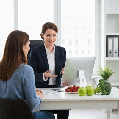 Female nutritionist explaining a personalized diet plan to a client in a modern, bright office setting, with fresh fruits and vegetables on the desk