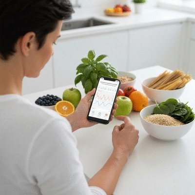 Person using a health tracking app on a smartphone, healthy food in background