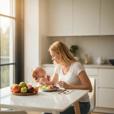 Happy mother and baby enjoying a healthy meal together