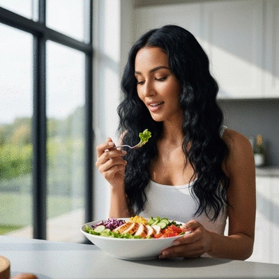 Woman enjoying a balanced meal in a bright, modern kitchen