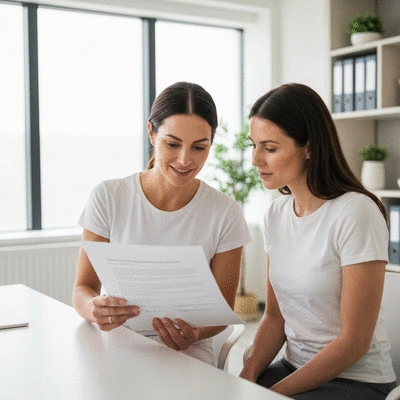 Diététicienne expliquant un plan alimentaire à une patiente dans un bureau moderne