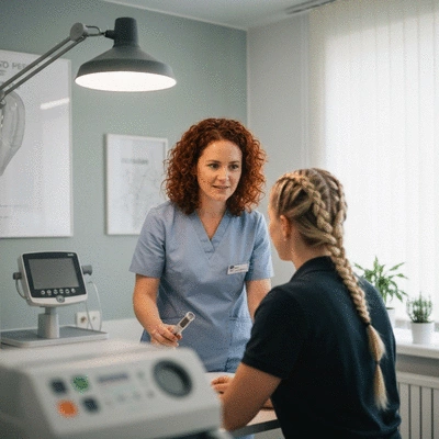 Professionnel de la santé effectuant un bilan nutritionnel initial avec des outils de mesure, dans un environnement clinique propre