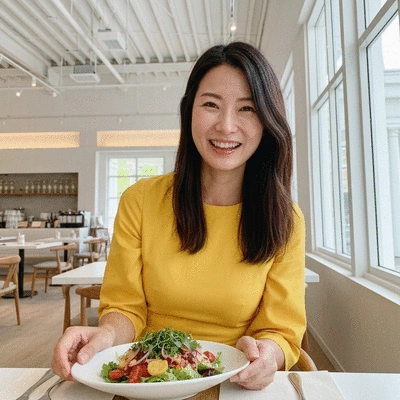 Femme souriante mangeant une salade fraîche et saine dans un restaurant moderne