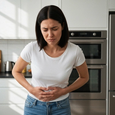 Woman holding her stomach in discomfort due to food intolerance, natural light, clean image