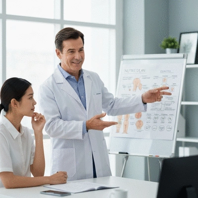 Professional nutritionist explaining a personalized diet plan to a client in a modern office. No text, no words, no typography, no labels, clean image.