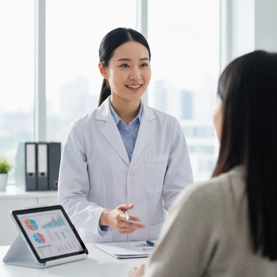 Médecin nutritionniste expliquant un bilan métabolique à un patient