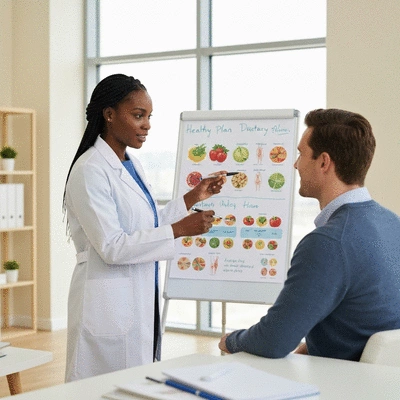 Professional nutritionist explaining dietary plan to a client