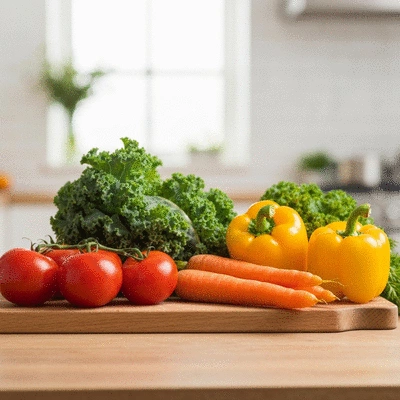 Assortiment de légumes frais et colorés sur une planche à découper dans une cuisine lumineuse