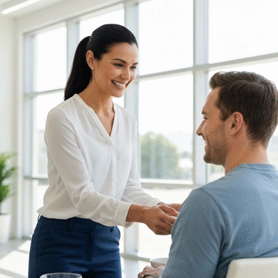 Diététicienne aidant une cliente à planifier un repas sain, souriantes dans un bureau moderne et lumineux