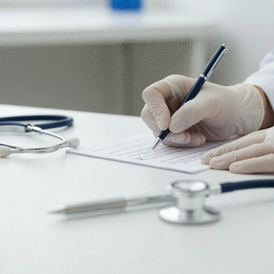 Close-up of a doctor's hand writing a prescription on a pad, with a stethoscope and medical instruments blurred in the background