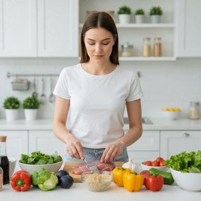 Woman preparing a healthy meal with fresh vegetables and lean protein, representing meal planning for diabetes management