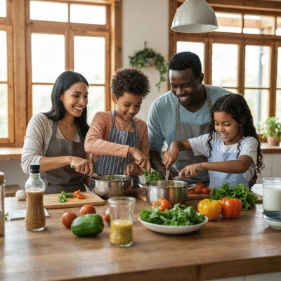 Family cooking together in a modern kitchen